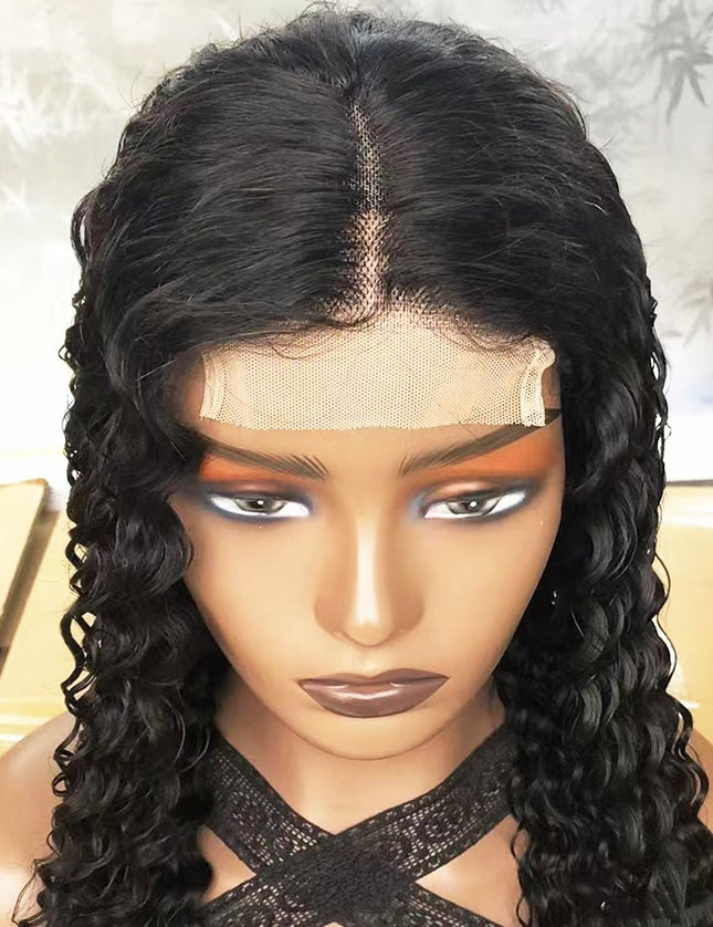 Deep wave Natural Black 4x4，5x5 Lace closure 100% Virgin Human Hair Wig 15A