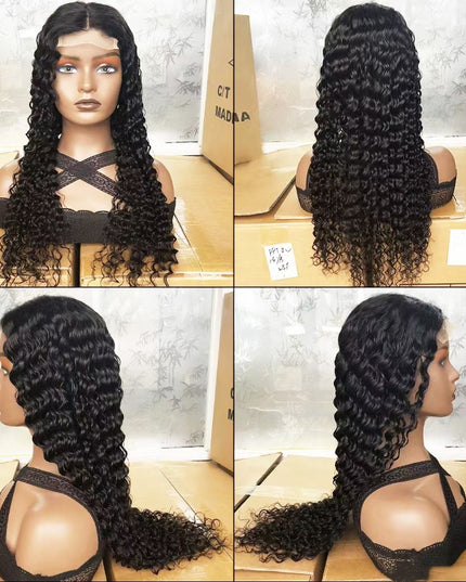 Deep wave Natural Black 4x4，5x5 Lace closure 100% Virgin Human Hair Wig 15A