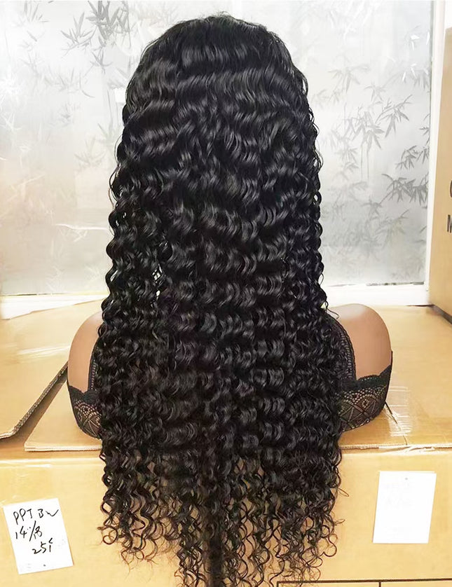 Deep wave Natural Black 4x4，5x5 Lace closure 100% Virgin Human Hair Wig 15A