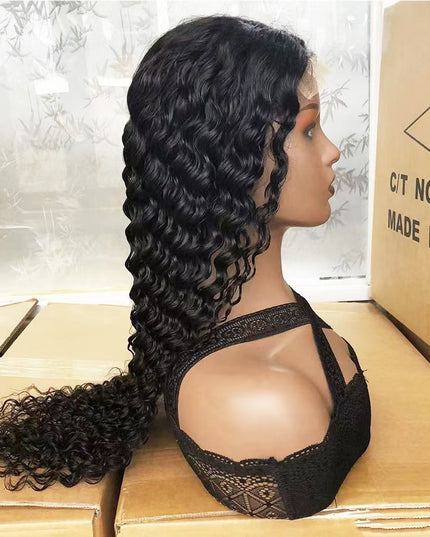 Deep wave Natural Black 4x4，5x5 Lace closure 100% Virgin Human Hair Wig 15A