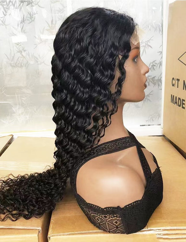 Deep wave Natural Black 4x4，5x5 Lace closure 100% Virgin Human Hair Wig 15A