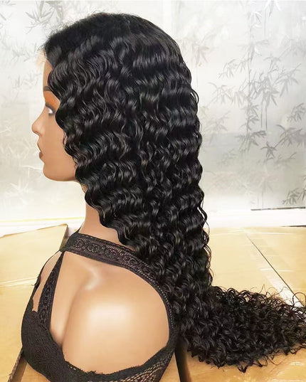 Deep wave Natural Black 4x4，5x5 Lace closure 100% Virgin Human Hair Wig 15A