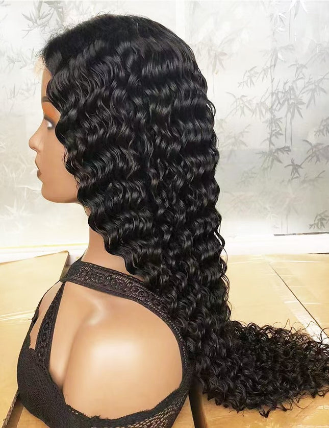 Deep wave Natural Black 4x4，5x5 Lace closure 100% Virgin Human Hair Wig 15A