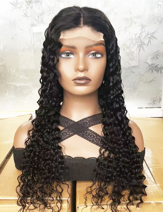 Deep wave Natural Black 4x4，5x5 Lace closure 100% Virgin Human Hair Wig 15A