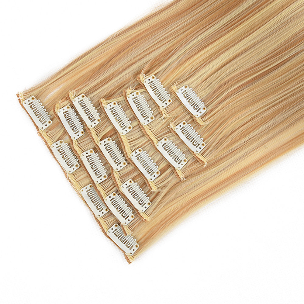 synthetic clip in hair extensions, 7-piece set, long straight hair-12H613#