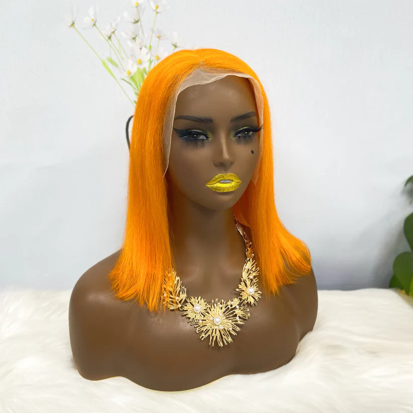 Color #orange，straight, 13x4 Lace Frontal wig 100% Virgin Human Hair Bob Wig