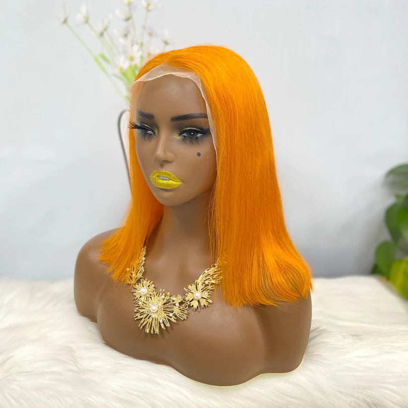 Color #orange，straight, 13x4 Lace Frontal wig 100% Virgin Human Hair Bob Wig