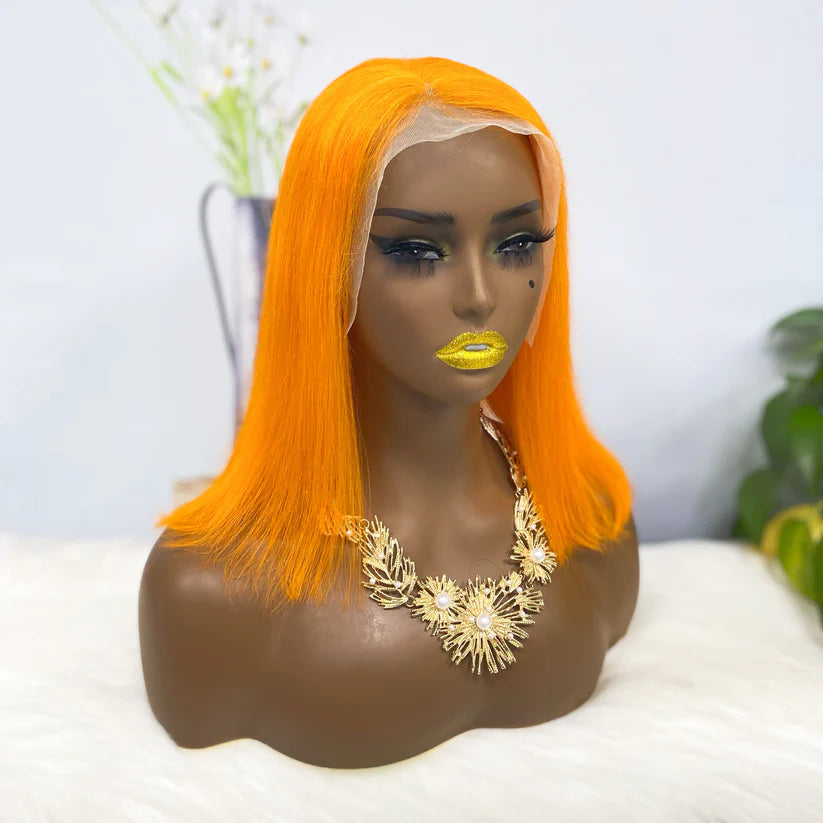 Color #orange，straight, 13x4 Lace Frontal wig 100% Virgin Human Hair Bob Wig