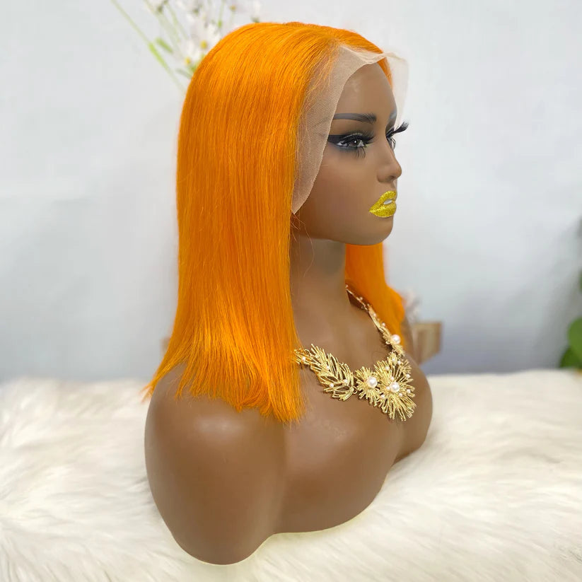 Color #orange，straight, 13x4 Lace Frontal wig 100% Virgin Human Hair Bob Wig