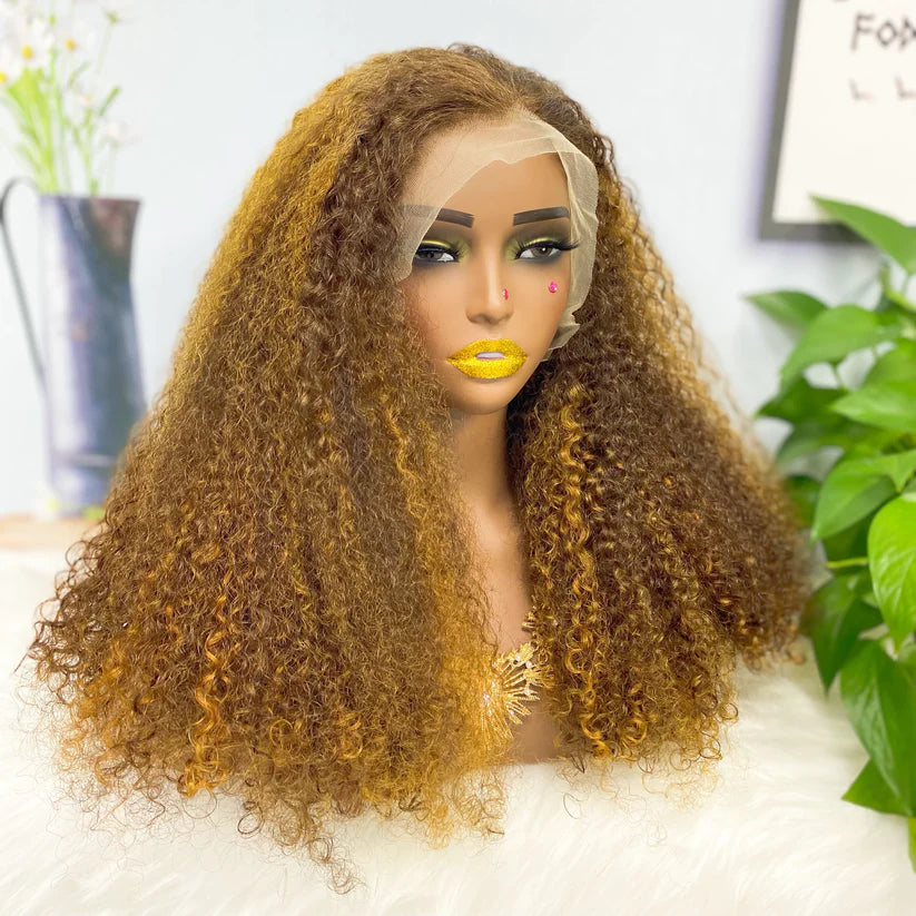 Jerry curl highlight color #6/golden, 13x4 Lace Frontal wig 100% Virgin Human Hair Transparent  LACE Wig 180% density 6