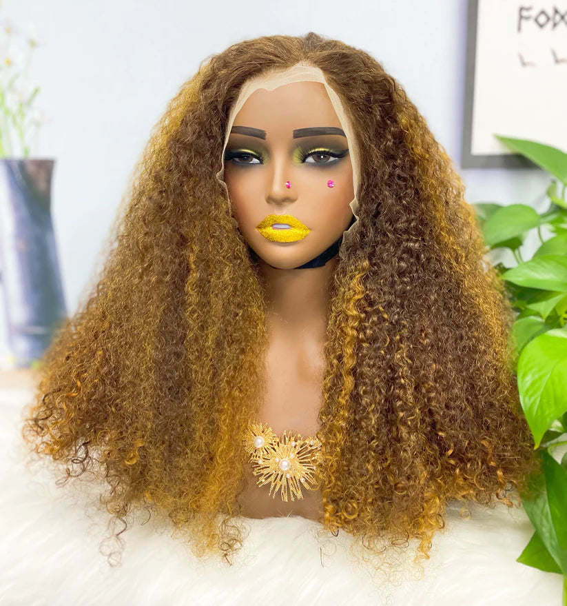 Jerry curl highlight color #6/golden, 13x4 Lace Frontal wig 100% Virgin Human Hair Transparent  LACE Wig 180% density 6