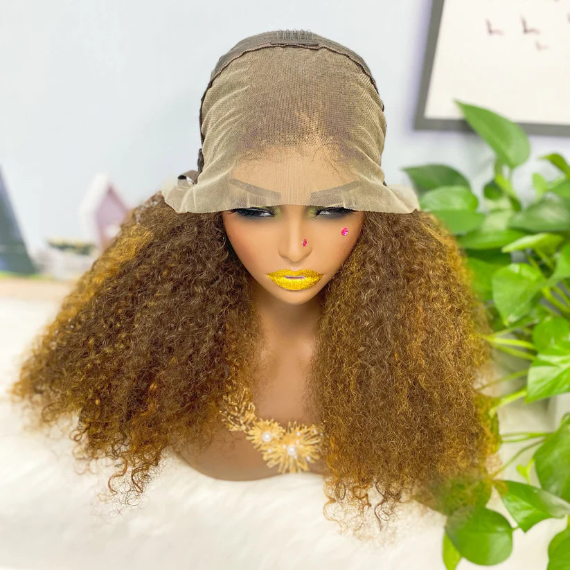 Jerry curl highlight color #6/golden, 13x4 Lace Frontal wig 100% Virgin Human Hair Transparent  LACE Wig 180% density 6