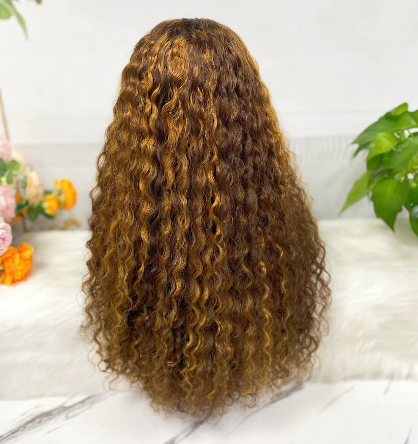 Jerry curly color #4/golden, 13x4 Lace Frontal wig 100% Virgin Human Hair Transparent  LACE Wig 180% density