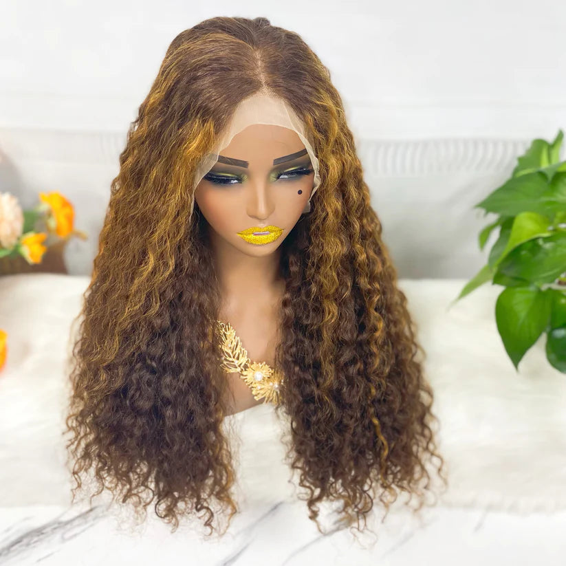 Jerry curly color #4/golden, 13x4 Lace Frontal wig 100% Virgin Human Hair Transparent  LACE Wig 180% density