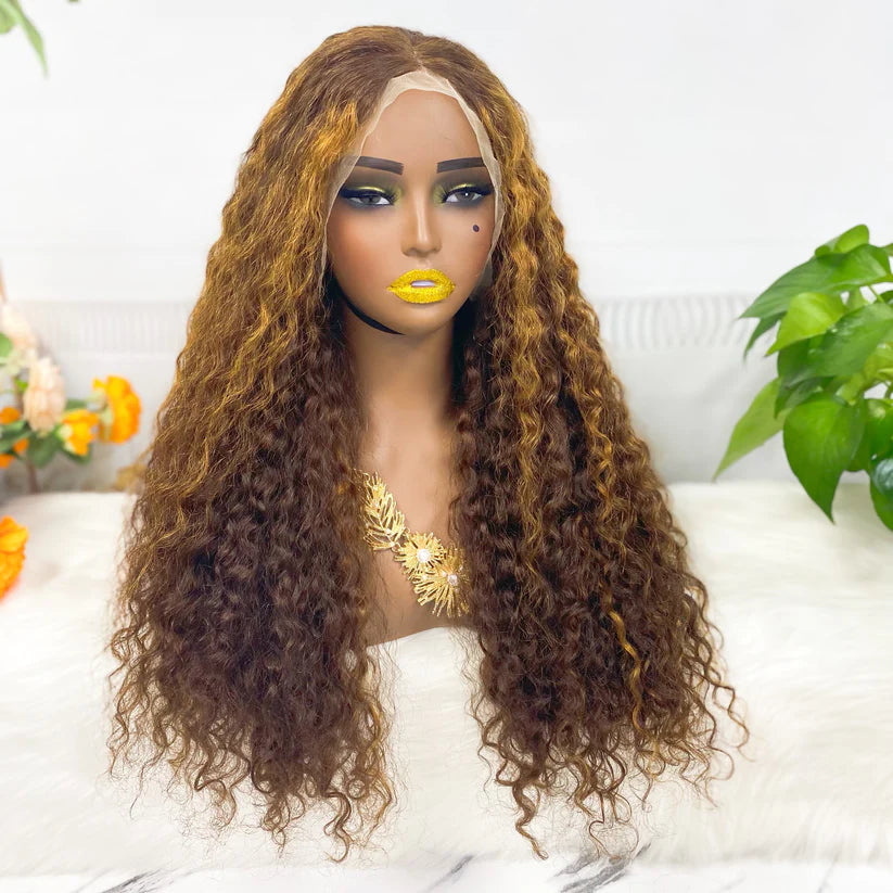 Jerry curly color #4/golden, 13x4 Lace Frontal wig 100% Virgin Human Hair Transparent  LACE Wig 180% density