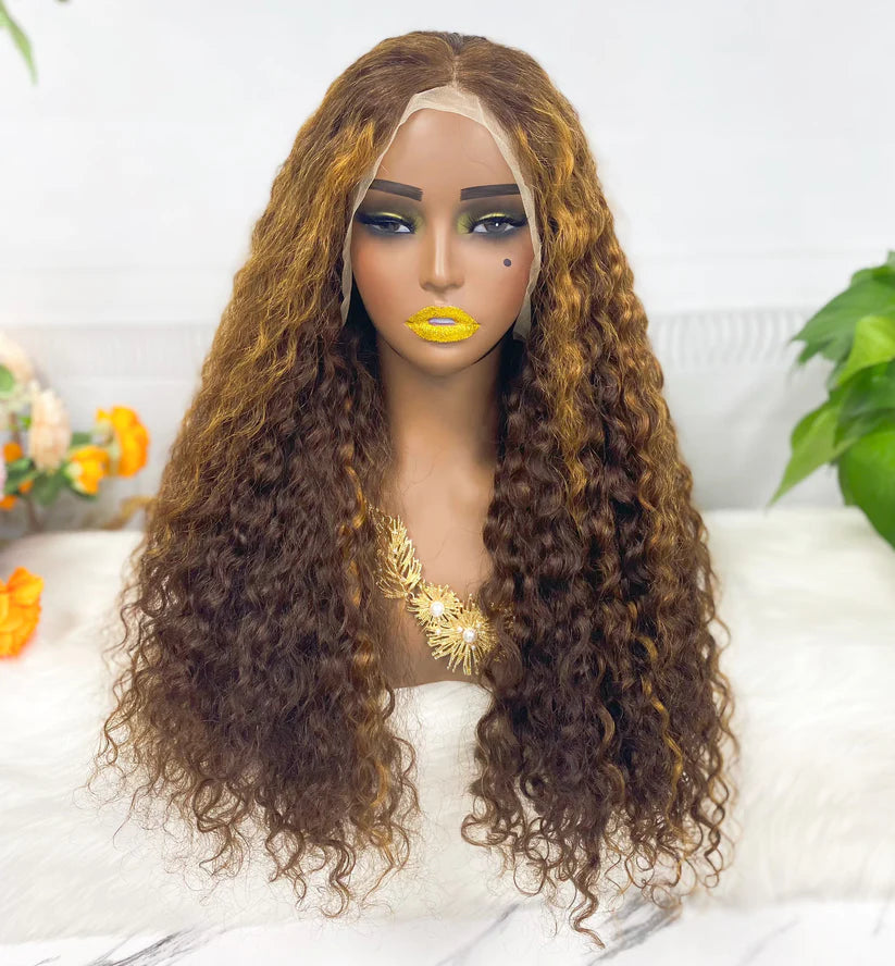 Jerry curly color #4/golden, 13x4 Lace Frontal wig 100% Virgin Human Hair Transparent  LACE Wig 180% density