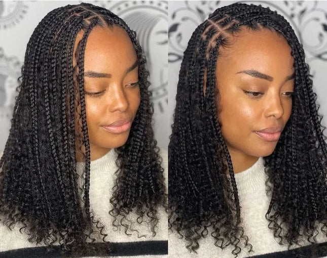 16 Inch Pre-cut Short Boho Braided Box 360 Full Lace Synthetic Cornrow Bob Wig-- Black color