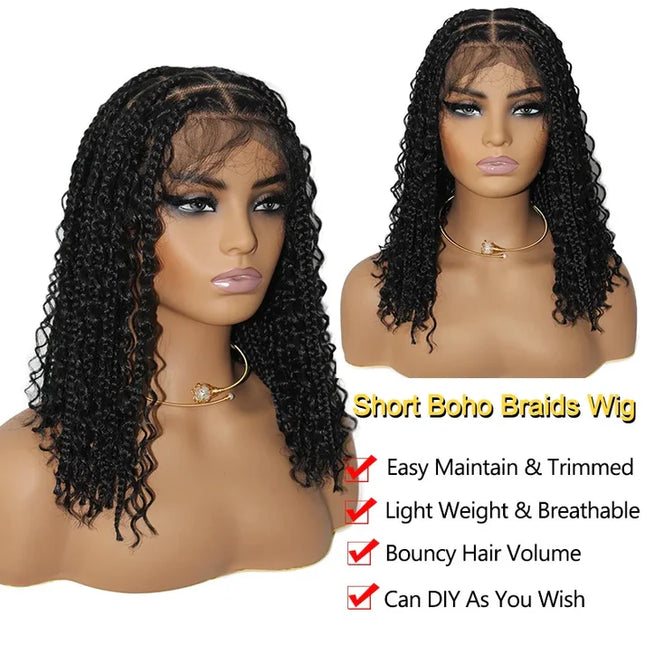 16 Inch Pre-cut Short Boho Braided Box 360 Full Lace Synthetic Cornrow Bob Wig-- Black color