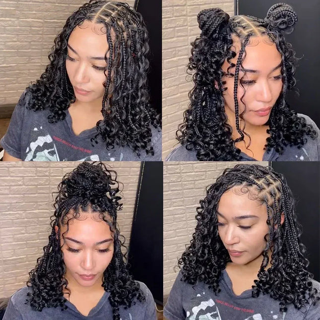 16 Inch Pre-cut Short Boho Braided Box 360 Full Lace Synthetic Cornrow Bob Wig-- Black color