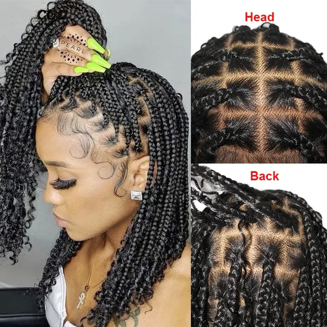 16 Inch Pre-cut Short Boho Braided Box 360 Full Lace Synthetic Cornrow Bob Wig-- Black color
