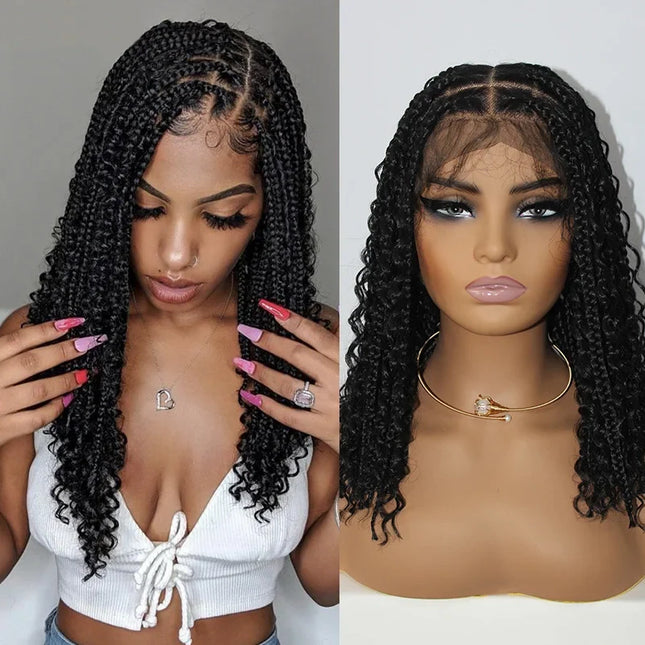 16 Inch Pre-cut Short Boho Braided Box 360 Full Lace Synthetic Cornrow Bob Wig-- Black color