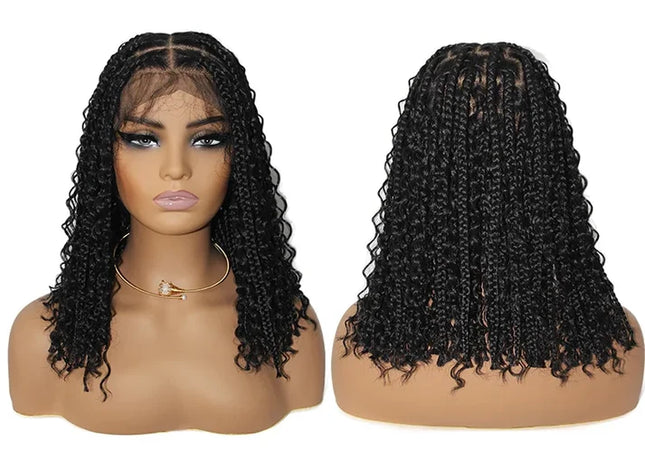 16 Inch Pre-cut Short Boho Braided Box 360 Full Lace Synthetic Cornrow Bob Wig-- Black color