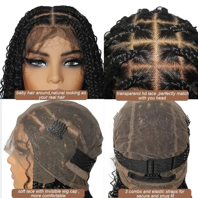16 Inch Pre-cut Short Boho Braided Box 360 Full Lace Synthetic Cornrow Bob Wig-- Black color