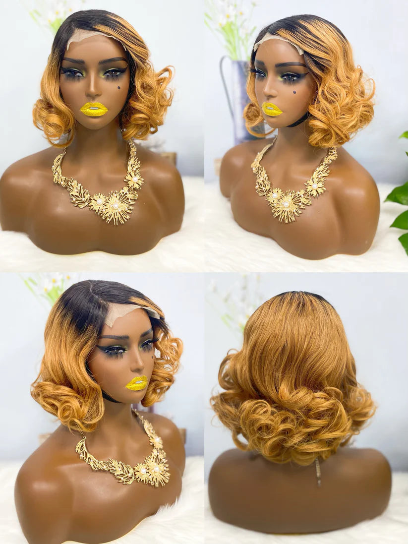 Color #T1B/27  big curl  Bob wig 4*4, 5*5 lace closure wig 100% Virgin Human Hair Wig