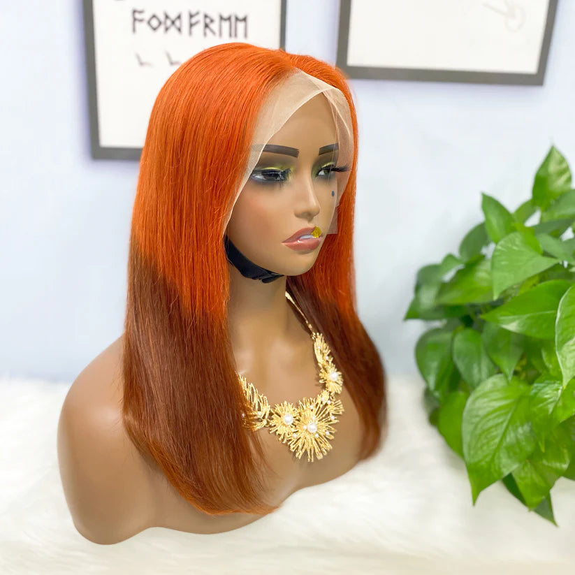 Color #T350/4，straight, 13x4 Lace Frontal wig 100% Virgin Human Hair Bob Wig