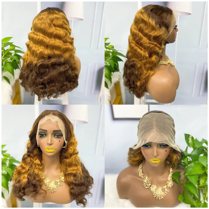 Fashion  wave  color #T4/golden/4， 13x4 Lace Frontal wig 100% Virgin Human Hair Transparent  LACE Wig 180% density