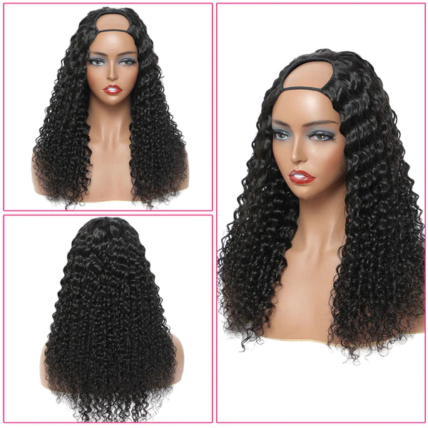 Natural color Deep Curly 100% Virgin Human Hair U part wig