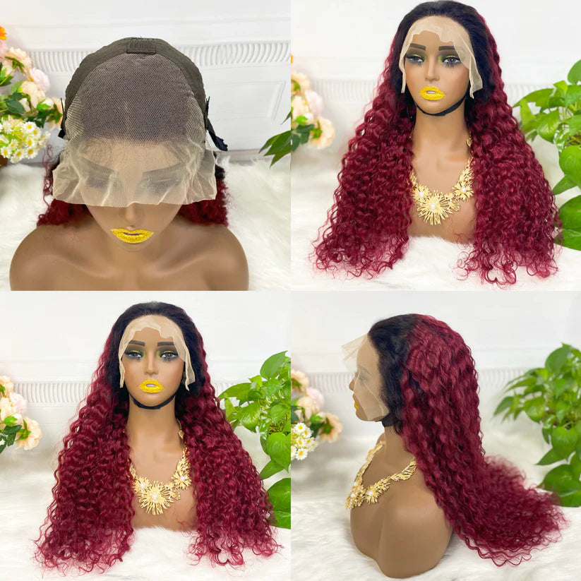 Water wave color #T1B/99j, 13x4 Lace Frontal wig 100% Virgin Human Hair Transparent  LACE Wig 180% density