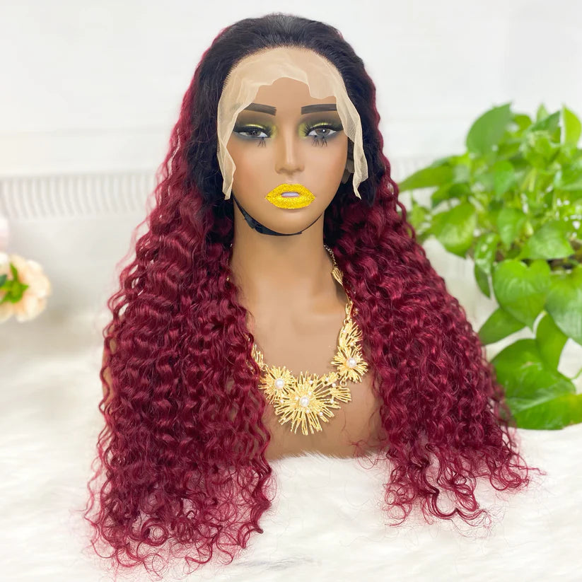 Water wave color #T1B/99j, 13x4 Lace Frontal wig 100% Virgin Human Hair Transparent  LACE Wig 180% density