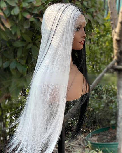 Synthetic lace frontal color wig straight---13*4---half white and half black color---- pay 1 get 2