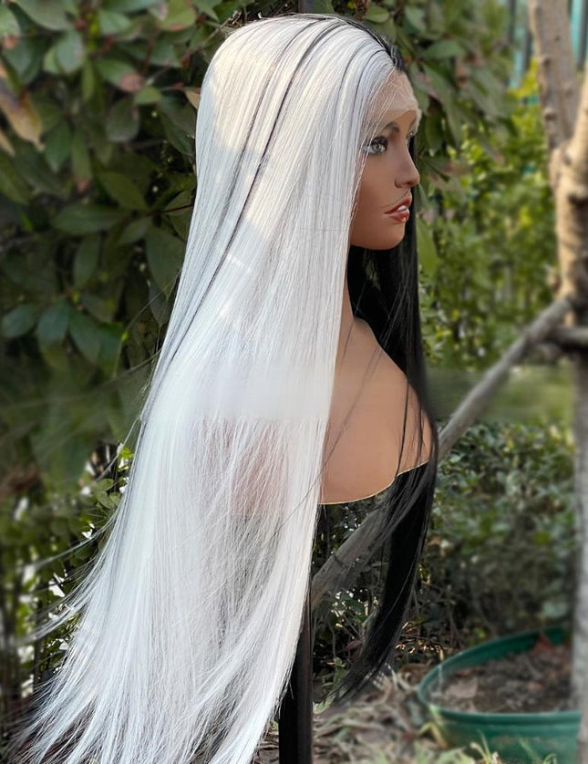 Synthetic lace frontal color wig straight---13*4---half white and half black color---- pay 1 get 2