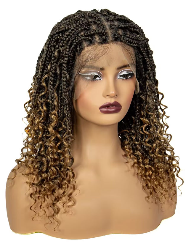 16 Inch Pre-cut Short Boho Braided Box 360 Full Lace Synthetic Cornrow Bob Wig-- 1B/27 color