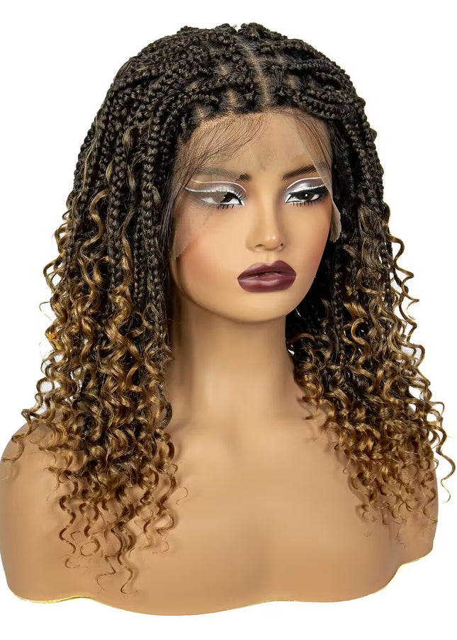 16 Inch Pre-cut Short Boho Braided Box 360 Full Lace Synthetic Cornrow Bob Wig-- 1B/27 color