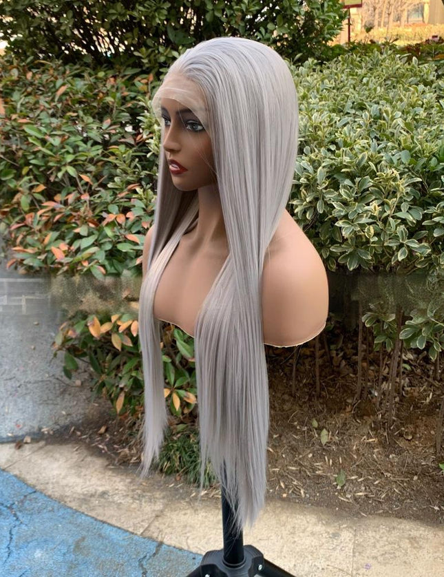 Synthetic lace frontal color wig straight---13*4---medium gray color---- pay 1 get 2