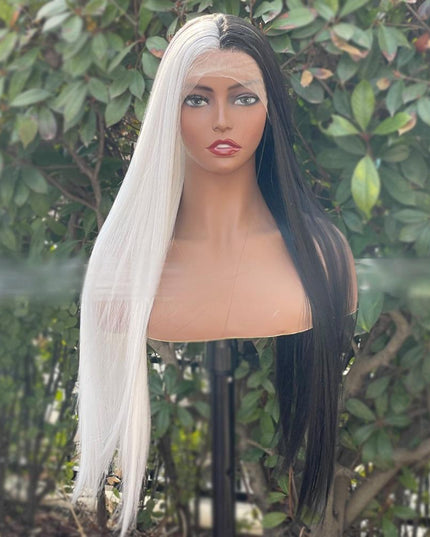 Synthetic lace frontal color wig straight---13*4---half white and half black color---- pay 1 get 2