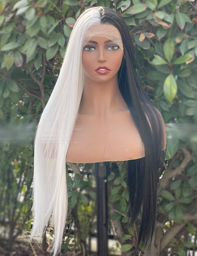 Synthetic lace frontal color wig straight---13*4---half white and half black color---- pay 1 get 2
