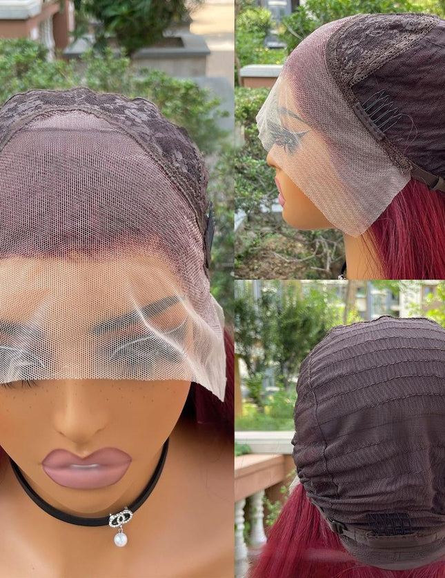 Synthetic lace frontal color wig straight---13*4---burgundy color---pay 1 get 2