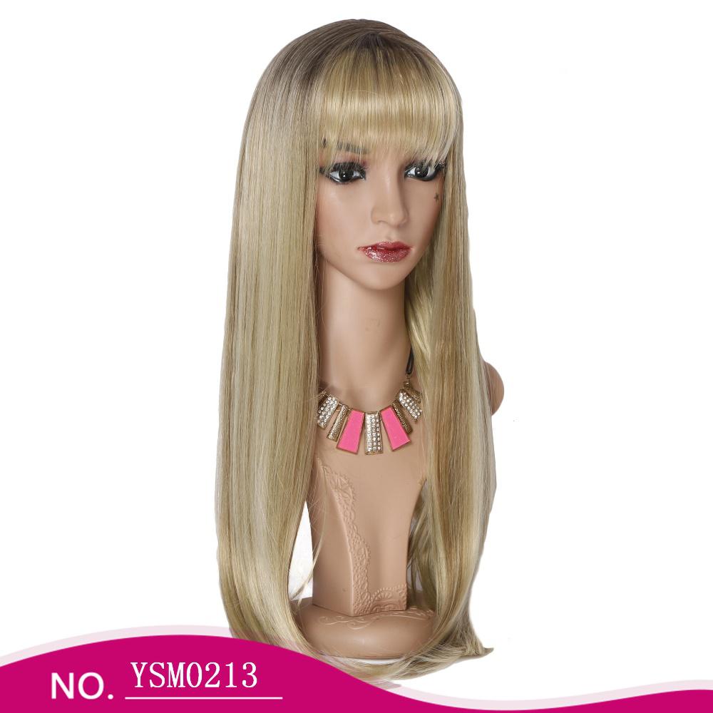Fiber Wig with bangs gradient blonde brown rose mesh