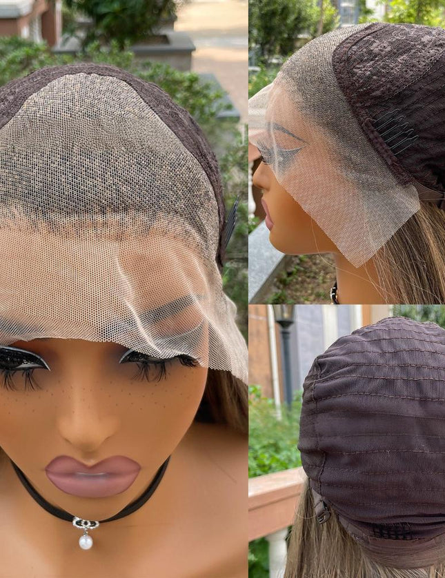 Synthetic lace frontal color wig straight---13*4---smoke brown color---pay 1 get 2