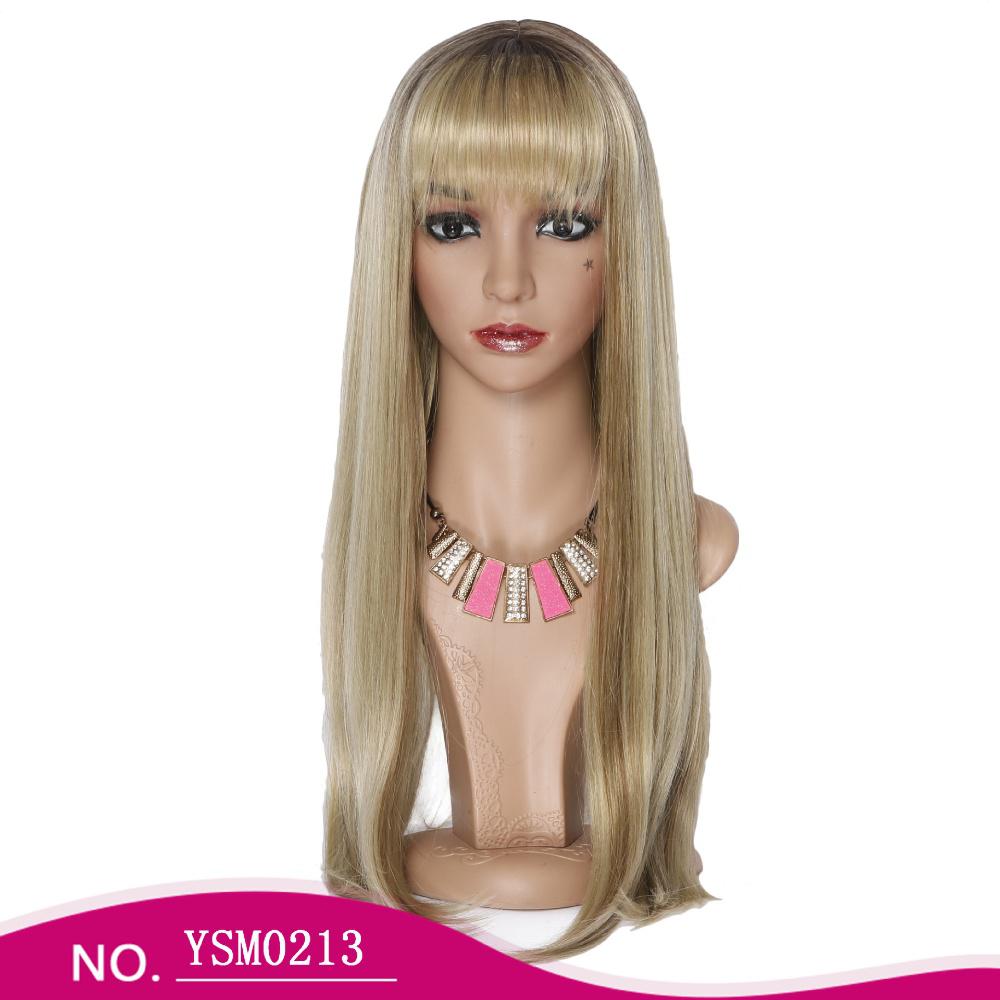 Fiber Wig with bangs gradient blonde brown rose mesh