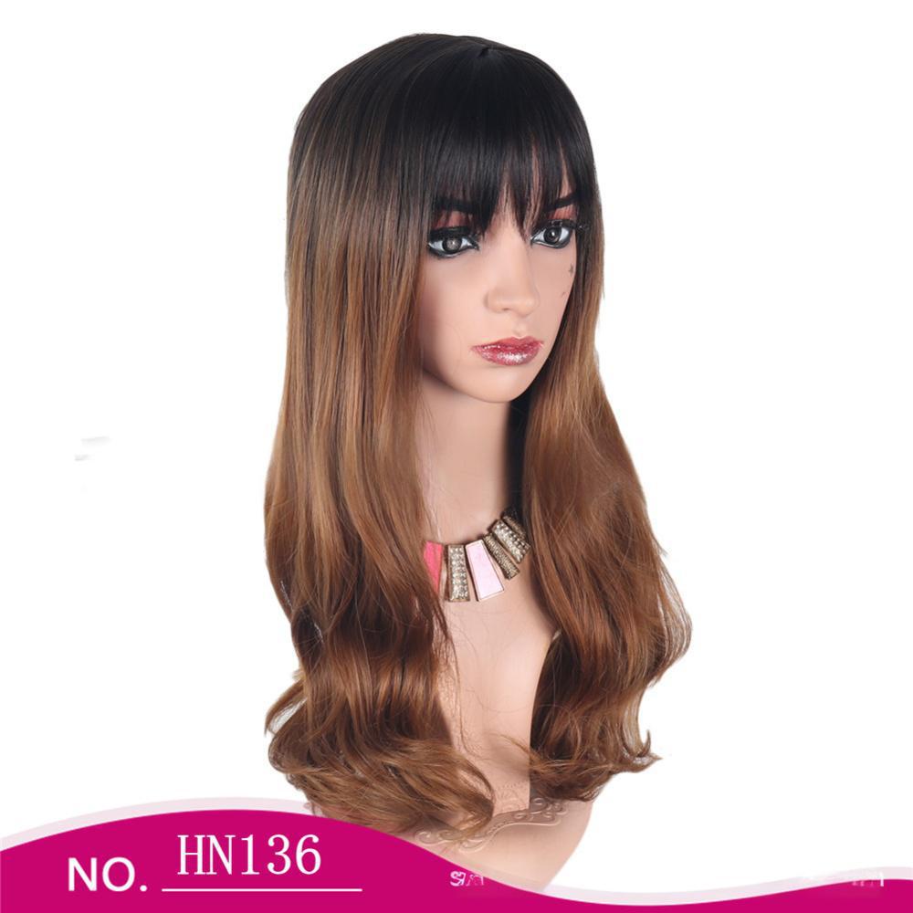 Fiber wig Brown middle-parted bangs and gradient big waves