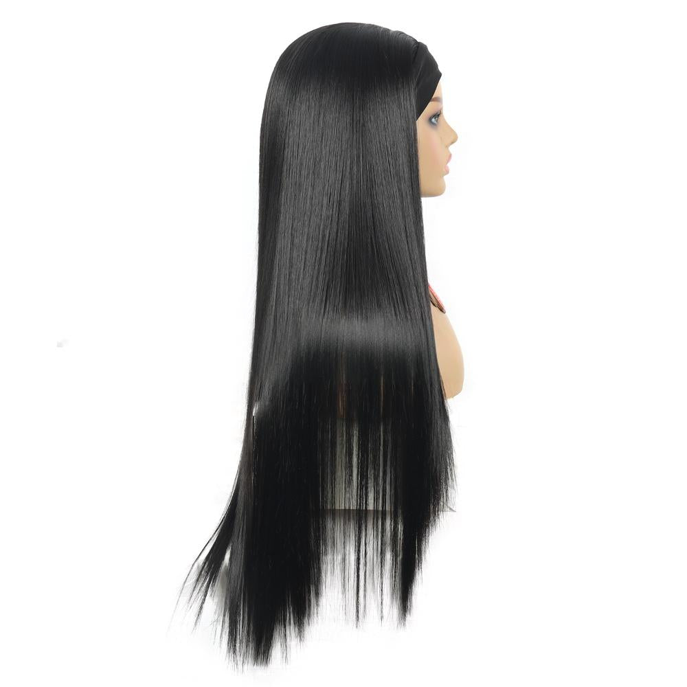 Long straight fiber wig with ice headband for women