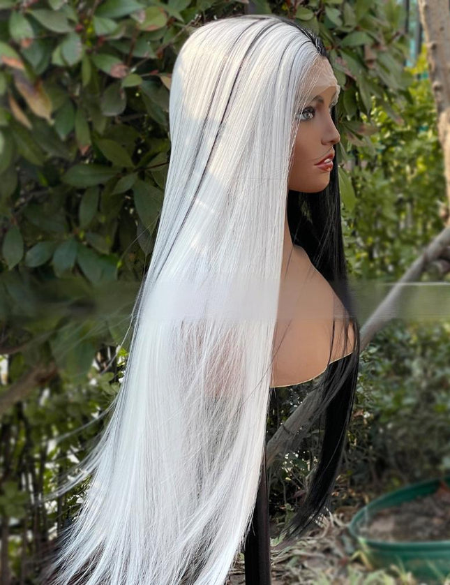 Synthetic lace frontal color wig straight---13*4---half white and half black color---- pay 1 get 2