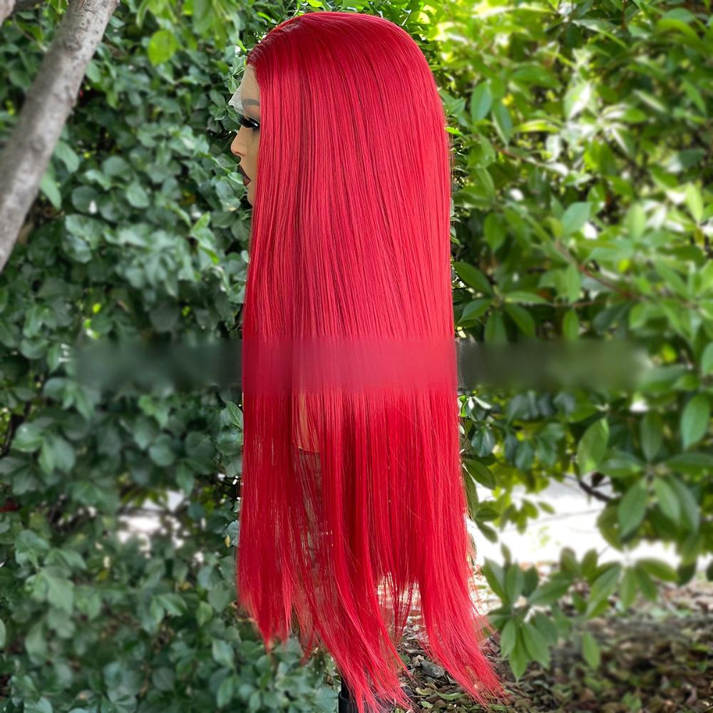 Peluca de color frontal de encaje de fibra recta---13*4---Color rojo rubí