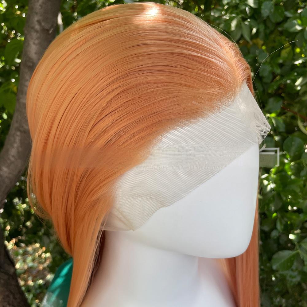 Peluca de color frontal con encaje de fibra, recta, 13 x 4 pulgadas, color rosa melocotón
