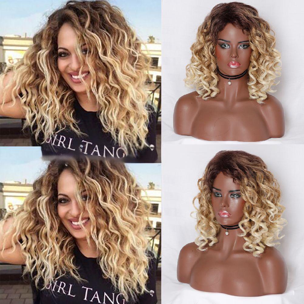 Short fiber wig curly ombre blonde color